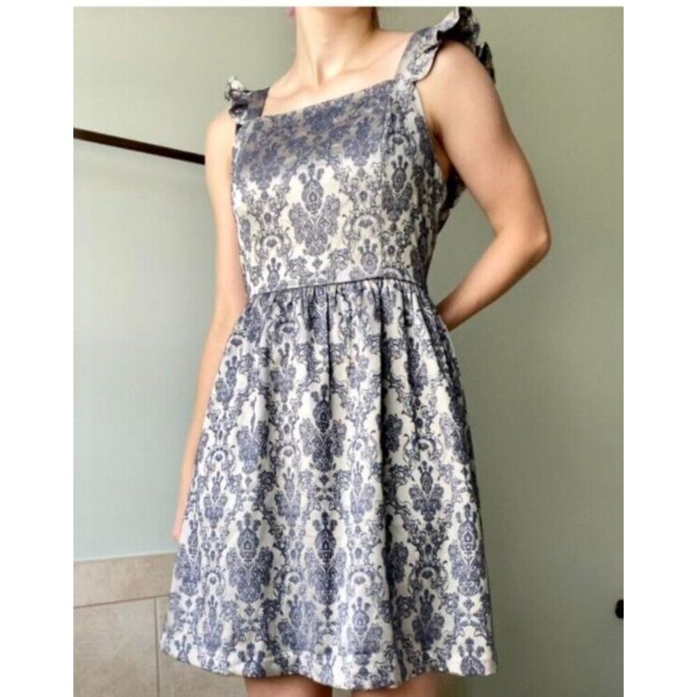ALTAR'D STATE Women's Small Blue Silver Jacquard Ruffle Sleeveless Dress